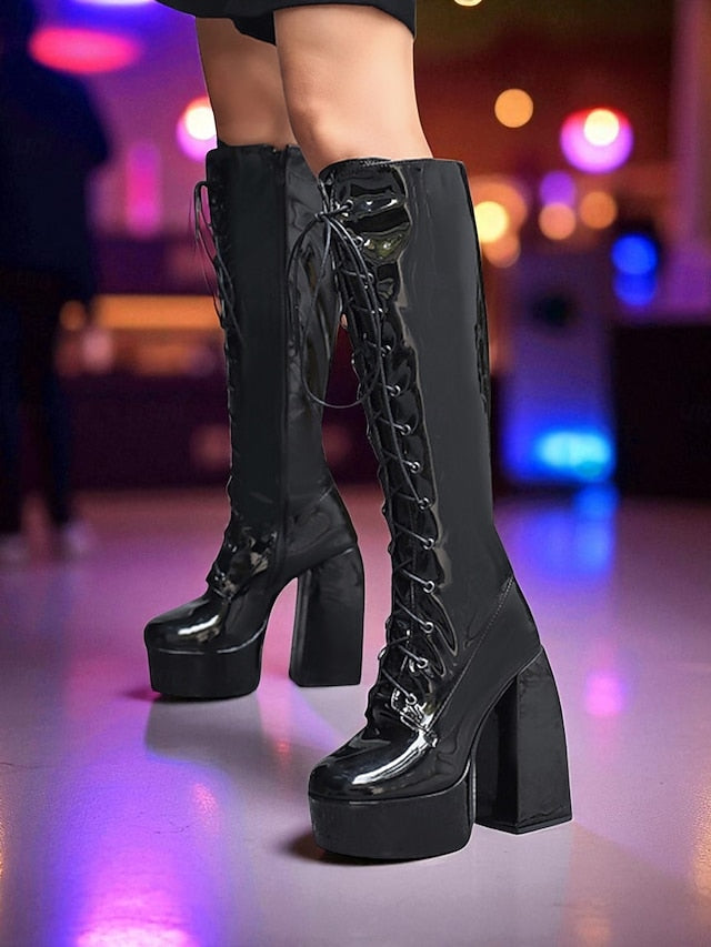 - Metallic Platform Knee High Women's Lace-Up Silver Boots