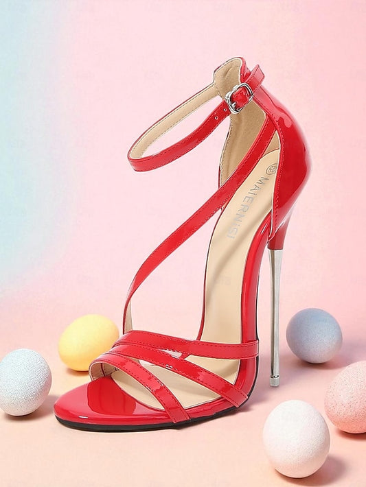 Red Stiletto Strappy High Sandals Heels Patent PU - Women's