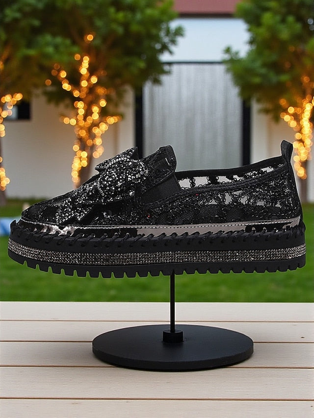 Lace Women's Bow with Rhinestone Black Shoes Slip-On
