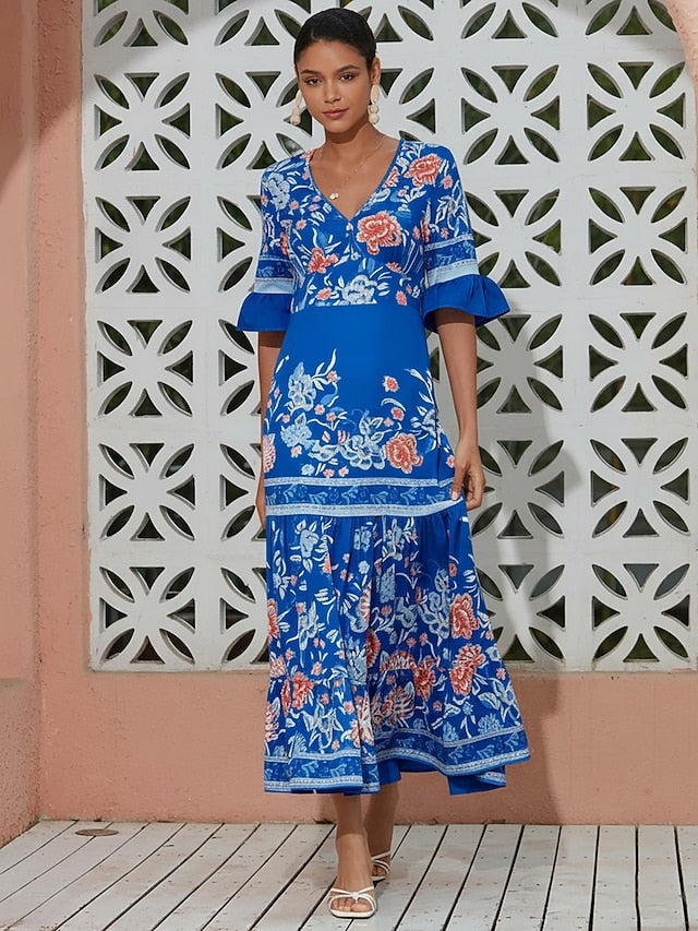 Satin V Neck Sky Blue Tiered Hem Floral Print Vacation Maxi