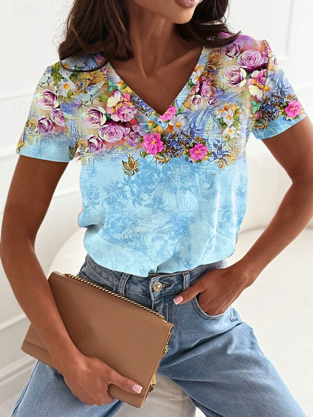 Women's T Shirt Print Floral Casual Short Sleeve V Neck
