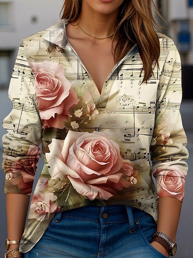 Women's T Shirt Rose Modern Long Sleeve V Neck T Shirt