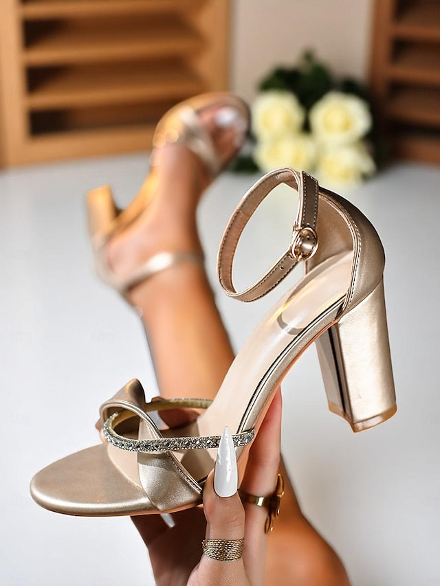 Open-Toe Block Sandals - Women's Heel Gold Strap PU Ankle