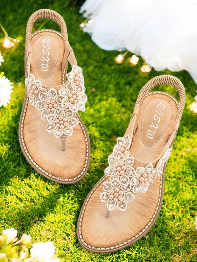 Beaded Comfortable Slip-Ons Floral Design with Flat