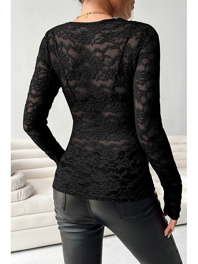 Women's Blouse Lace Tops Lace Plain Stylish Long Sleeve V