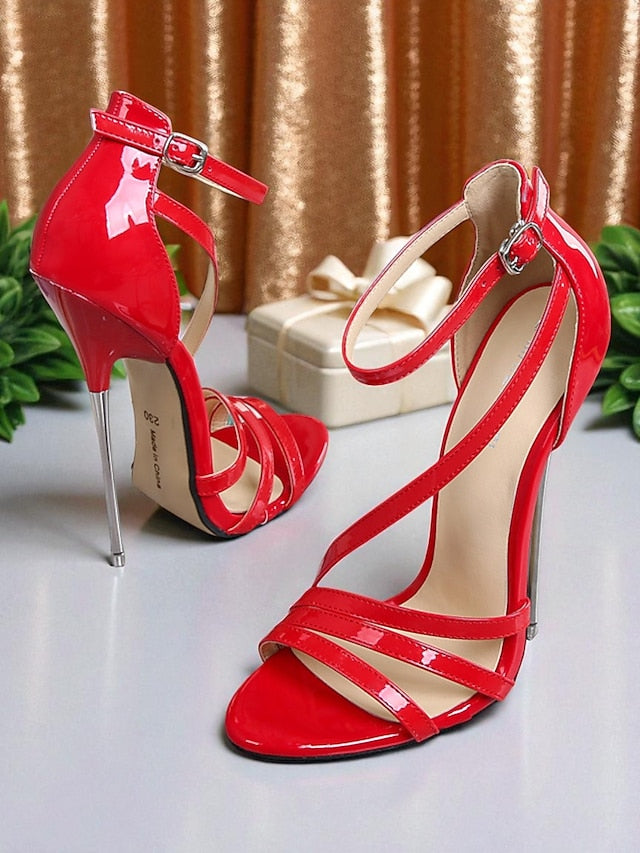 Red Stiletto Strappy High Sandals Heels Patent PU - Women's