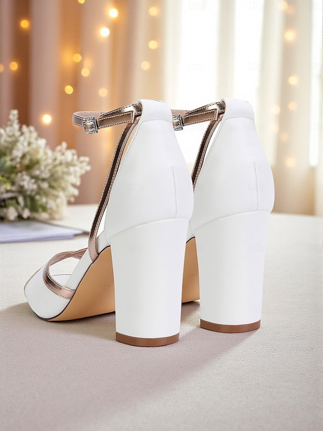 Strap with Metallic White Block Women's Heel Ankle Sandals