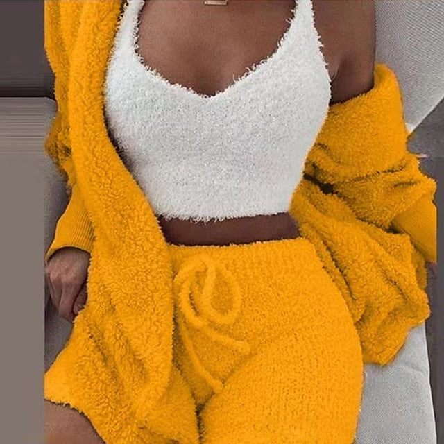 Warm Fuzzy Pajama Set 3PCS Long Sleeve Hooded Robe & Tank