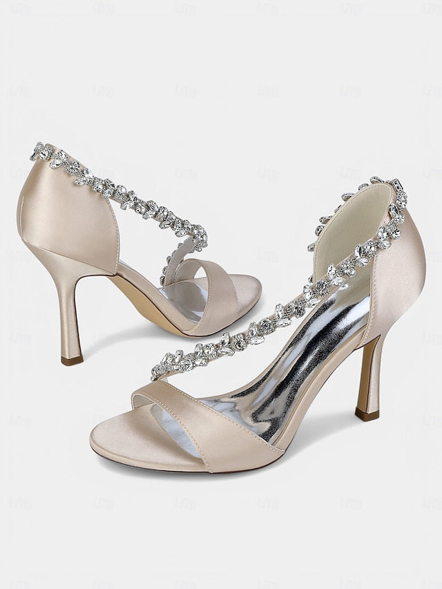 – Satin Champagne Crystal High Women's Heels T-Strap with