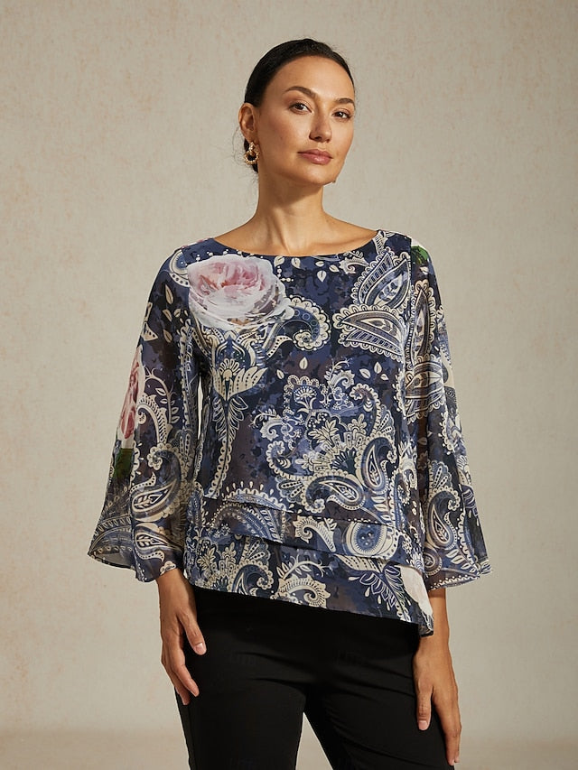 Women's Blouse Green Paisley Botanical Print Layered