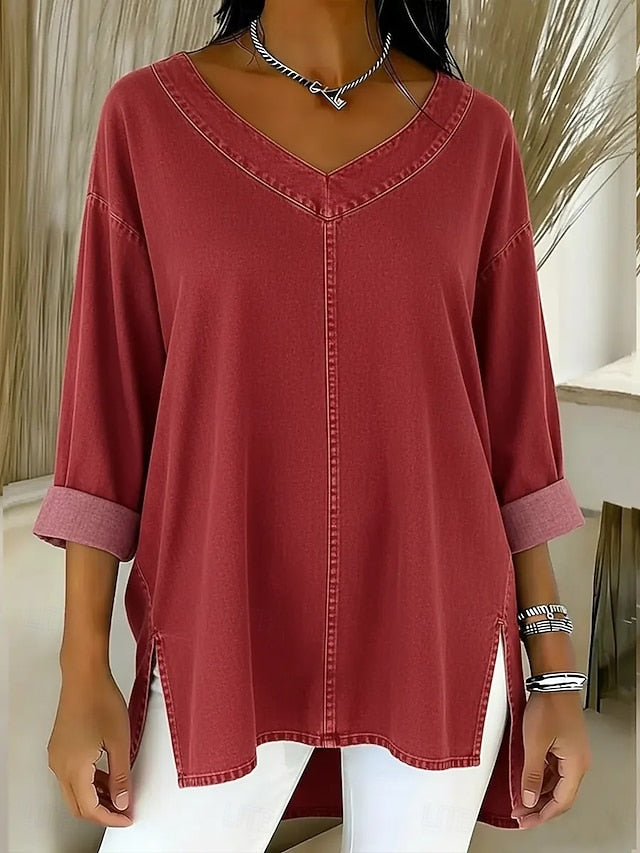 Women's Shirt Blouse Patchwork Buttons Plain Stylish