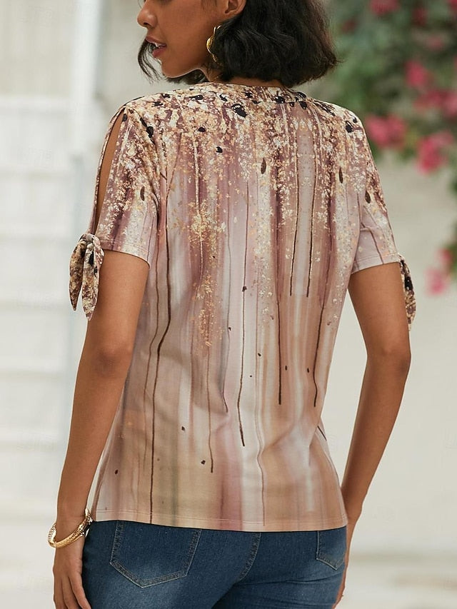 Women's T shirt Tee Graphic Print V Neck Tie Short Sleeve