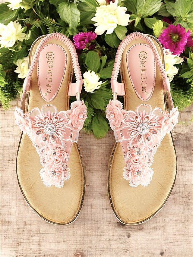 Women's – Lace Floral Pink Sandals T-Strap Embellished