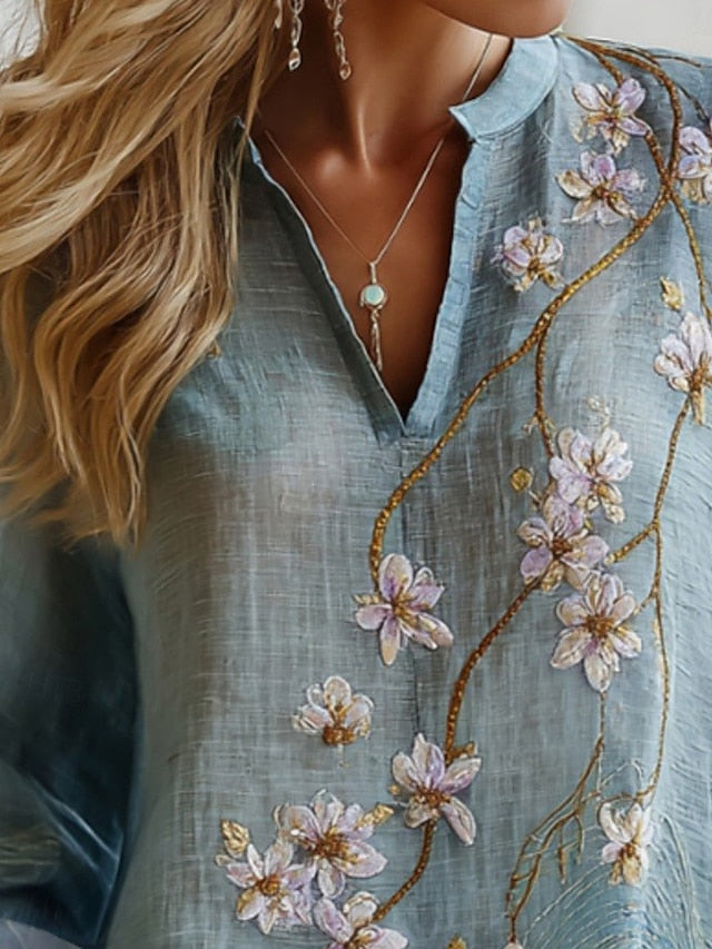 Women's Shirt Faux Cotton Linen Buttons Print Floral Daily