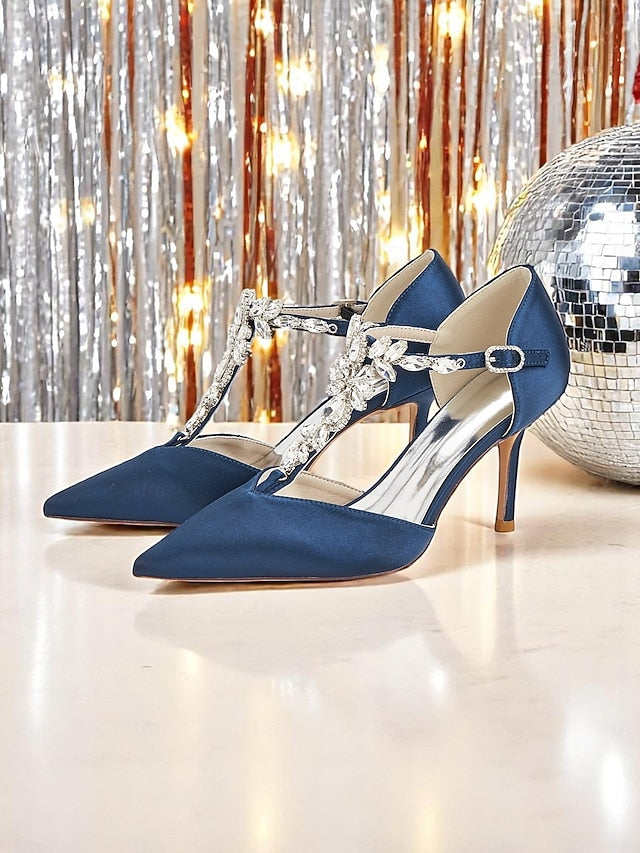 Women's – T-Strap Pointed Toe Satin Heels Blue Navy