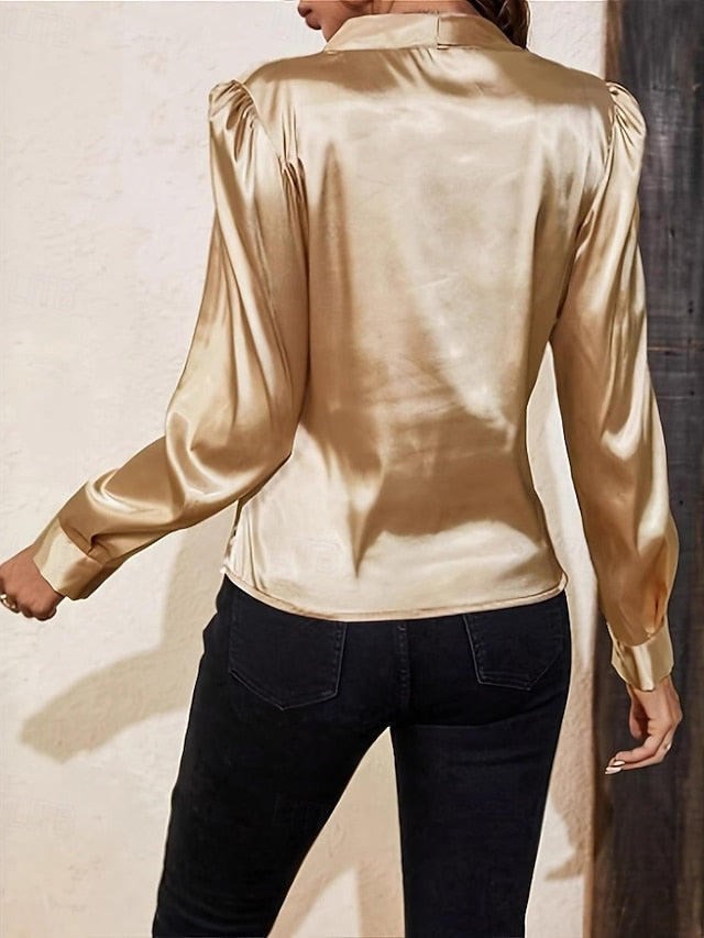 Women's Shirt Elegant Dressy Satin Top Ruched Plain Stylish