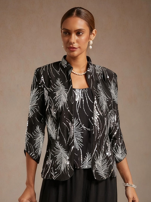 Women's Twinset Blouse Dressy Tops Jacket Sequins Feather