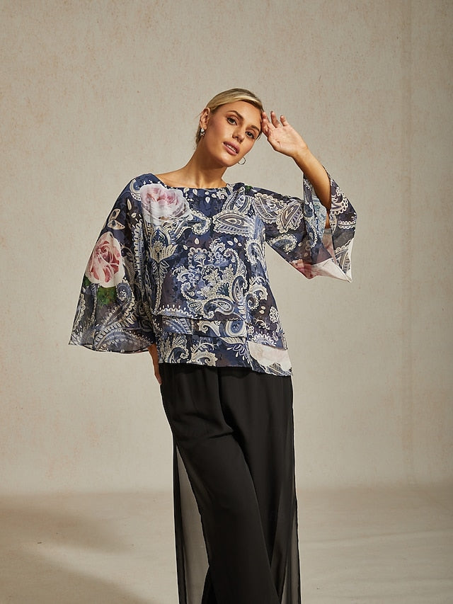 Women's Blouse Green Paisley Botanical Print Layered