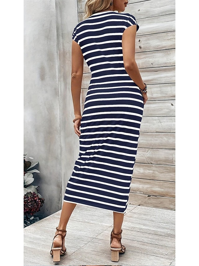 Women's Sheath Dress Stripe Knotted Crew Neck Cap Sleeve
