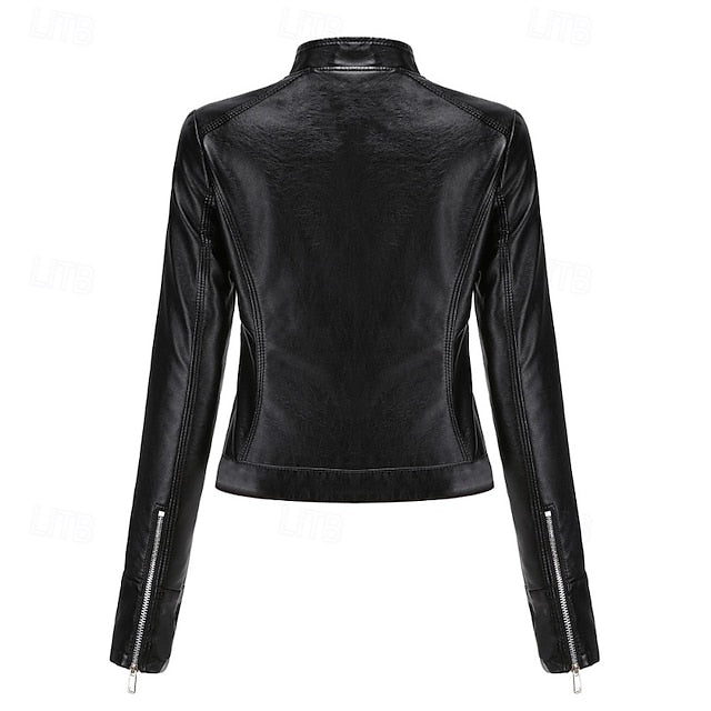 Jacket Pocket Leather Women's Zipper Faux Comfortable
