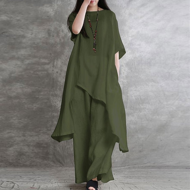 Women's Shirt Pants Sets Long Cotton Top Wide Leg Pants