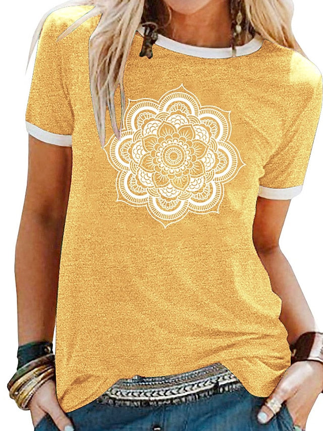 Women's T Shirt Patchwork Print Floral Graphic Mandala