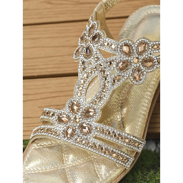 – T-Strap Women's Silver Boho Rhinestone Sandals Flat