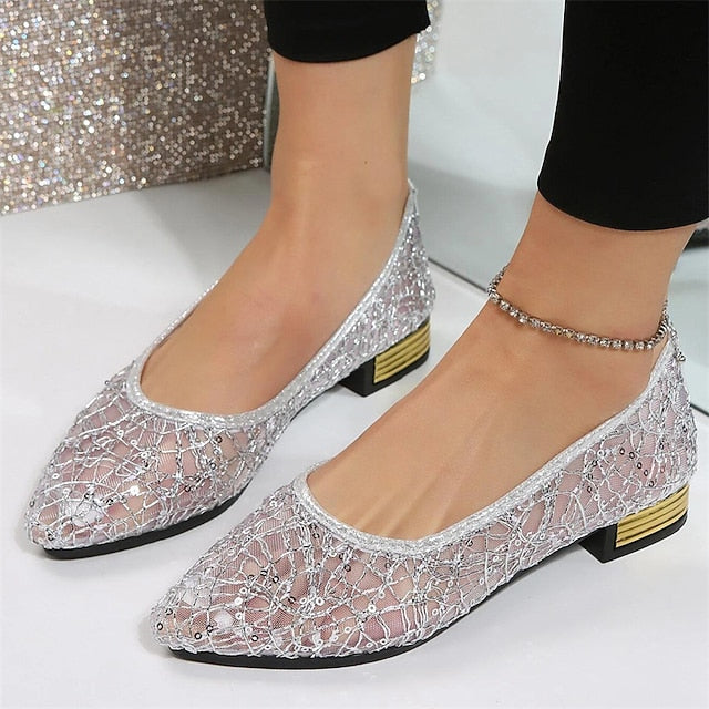 Women's Elegant Sequin Silver Ballet – Mesh Flats