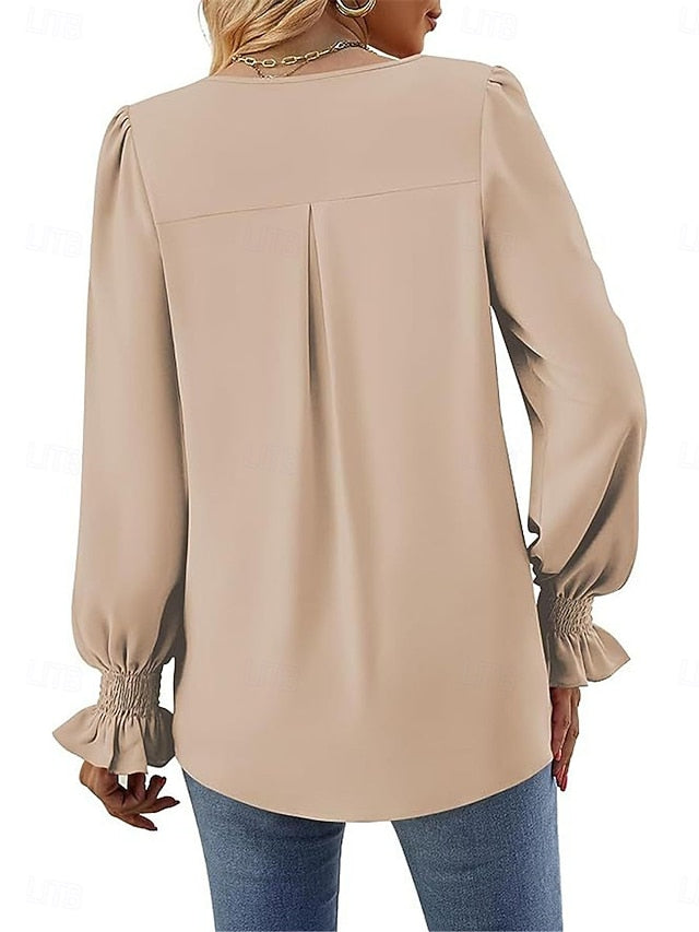 Women's Shirt Blouse Solid Color Basic Casual Long Sleeve V