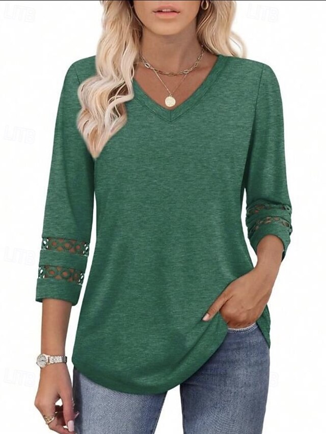 Women's T Shirt Eyelet Plain Casual Long Sleeve V Neck