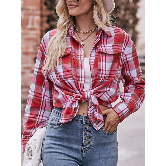 Women's Shirt Pocket Buttons Print Plaid Vintage Tropical