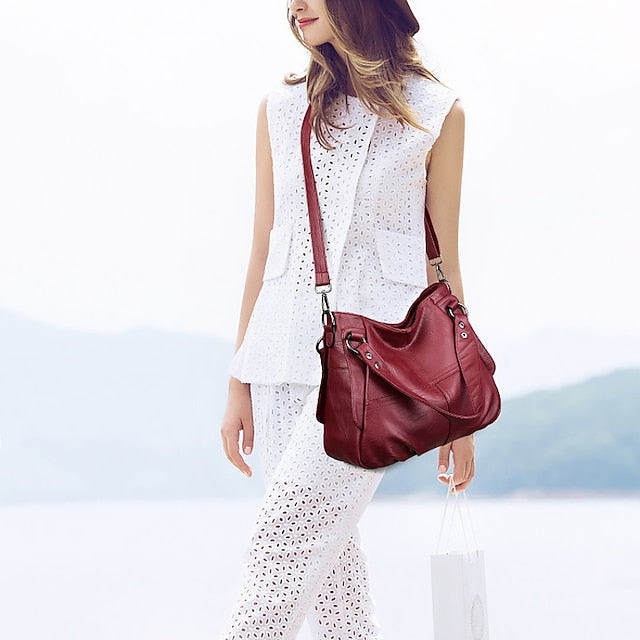 Sac bandoulière en similicuir bordeaux pour femme, grand format