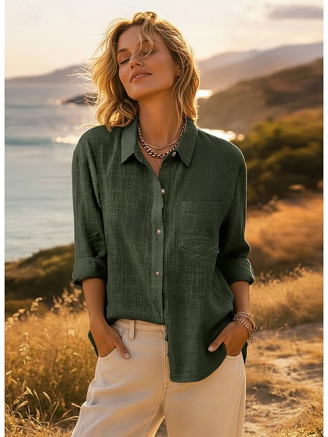 Women's Shirt Button Up Blouse Long Cotton Top Pocket