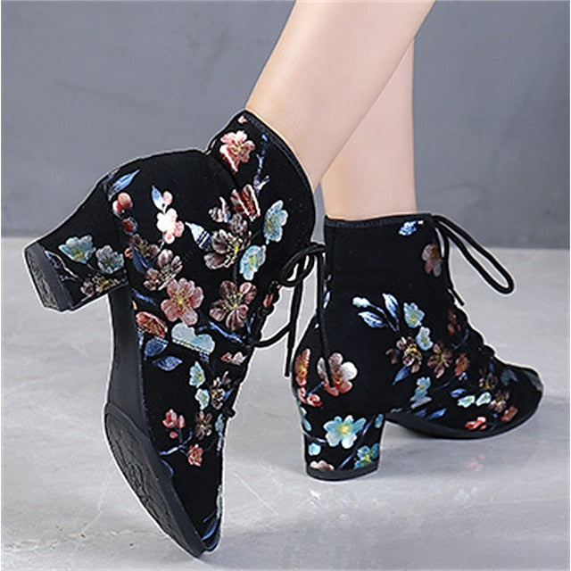 Black Low Floral Lace-up Comfortable Women Dance Shoes for –