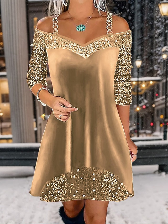 Women's Velvet Dress Sequin Mini Dress Cold Shoulder Party