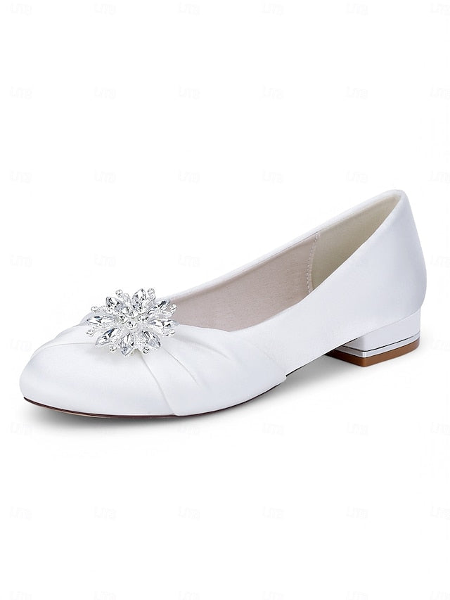 – White Satin Elegant Flats Crystal Women's Wedding