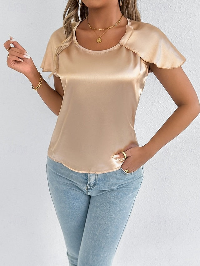 Women's Satin T Shirt Elegant Stylish Short Sleeve Ruffle