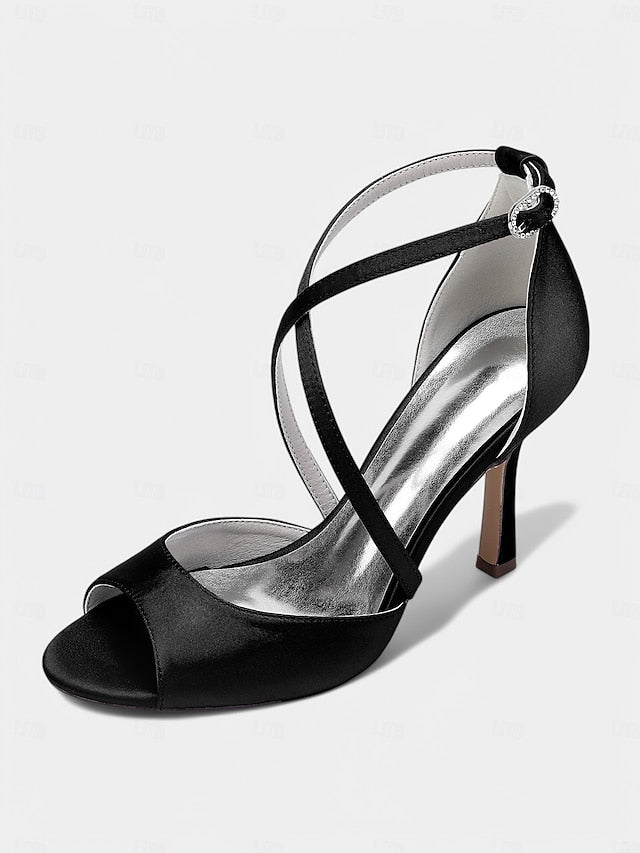 – Satin Peep-Toe Women's Elegant Cross-Strap White Heels