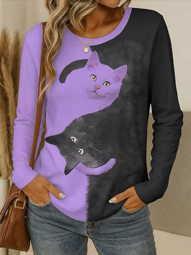 Women's T shirt Crew Neck Long Sleeve Tunic Graphic Animal