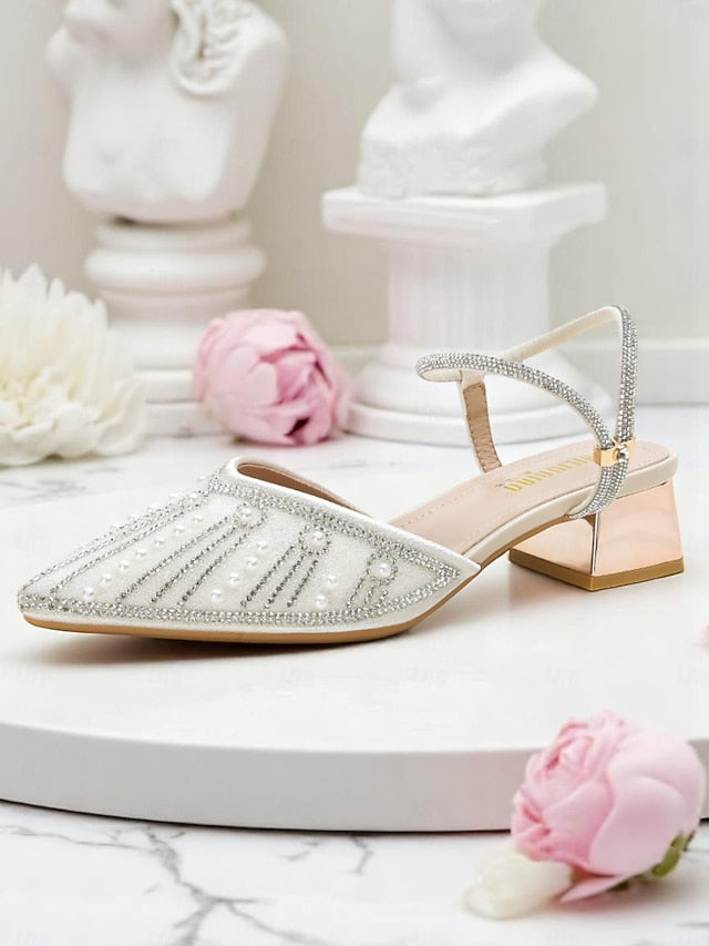 Block Toe Women's with and Heels Pearl Pointed Ivory