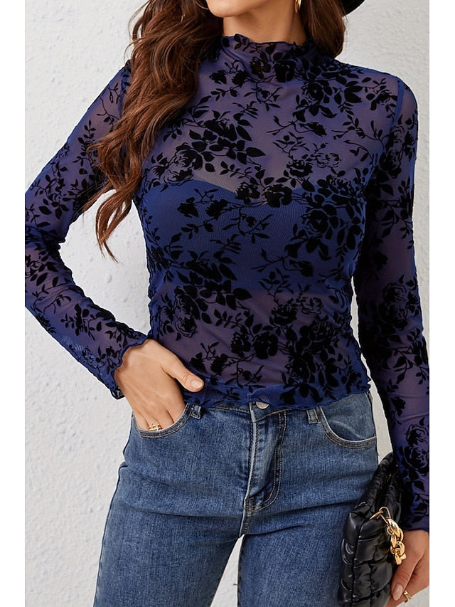 Women's Blouse Mesh Plain Stylish Long Sleeve High Neck