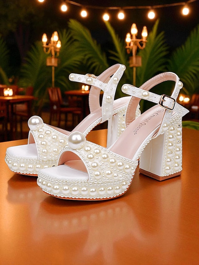White Sandals Heel Embellished Platform Pearl Block Women's