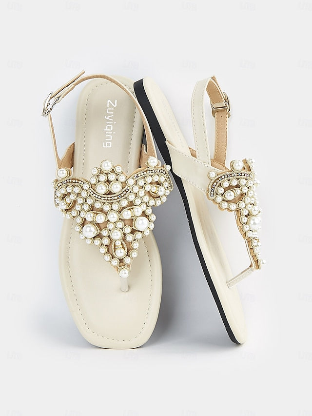 T-Strap Elegant Flat – Pearl-Embellished Women's Sandals