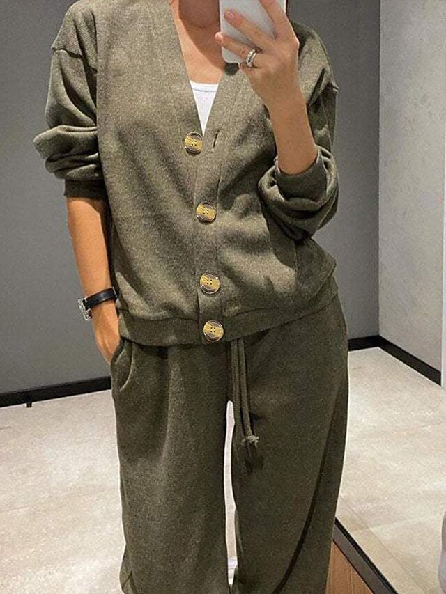 Women's Blouse Pants Sets Long Sleeve V Neck Solid Color