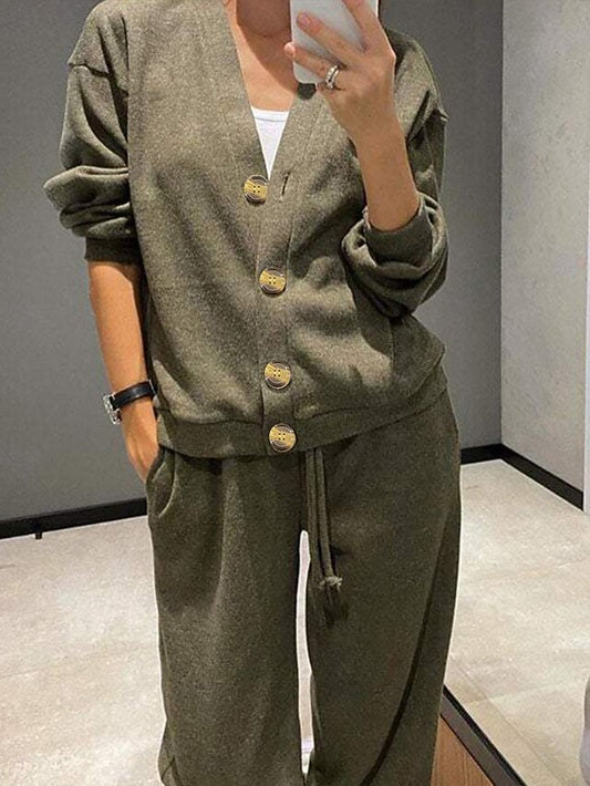 Women's Blouse Pants Sets Long Sleeve V Neck Solid Color