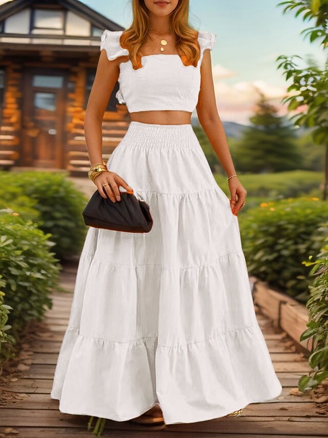 Women's Skirt Sets Sleeveless Square Neck Plain Ruched