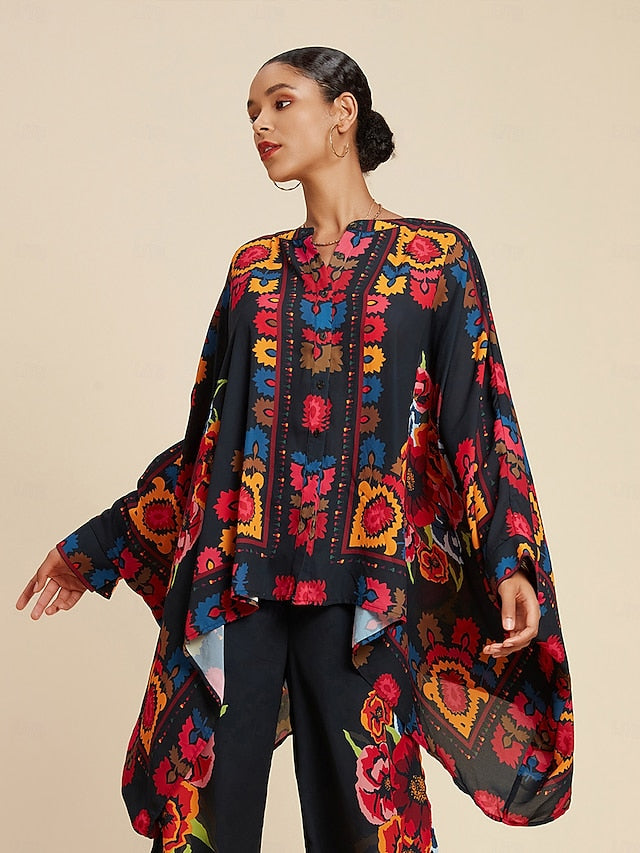 Women's Top Chiffon Floral Print Lapel Ethnic Style Casual
