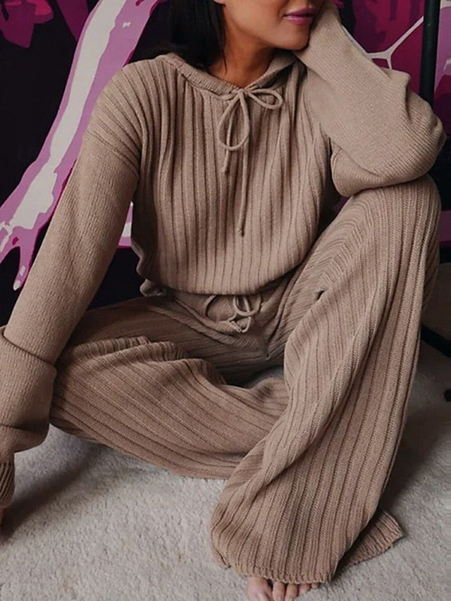 Women's Pants Sets Bolero Top Long Sleeve Hooded Solid