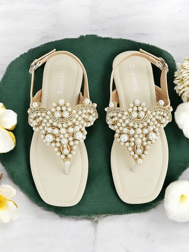 T-Strap Elegant Flat – Pearl-Embellished Women's Sandals