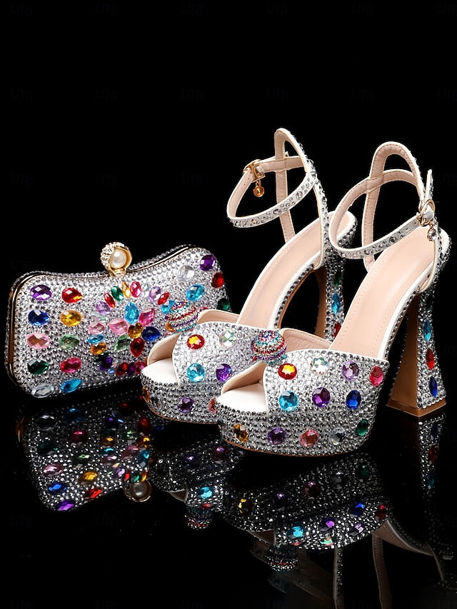 High with Heel Matching Women's Platform Sandals Rhinestone